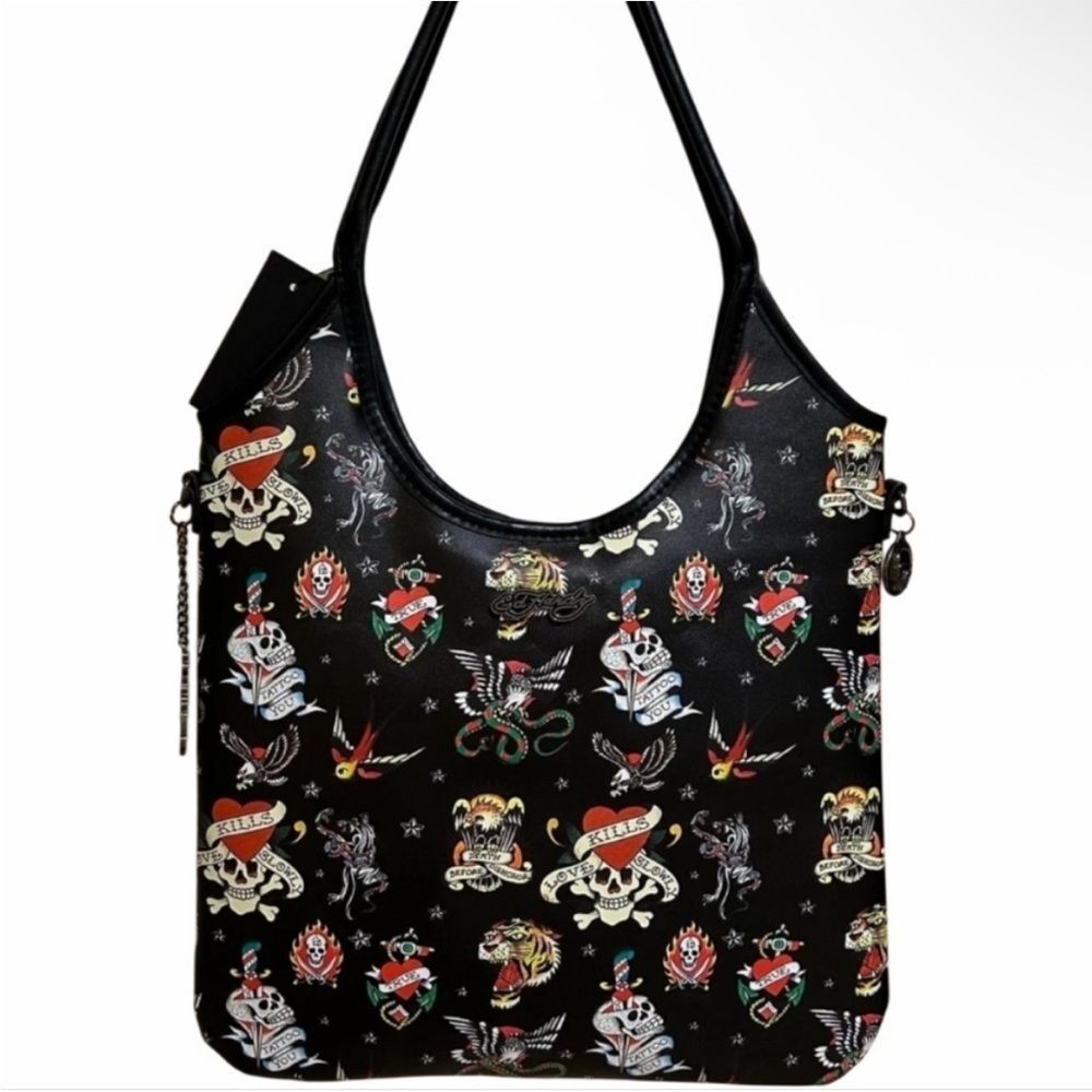 Ed Hardy New Black Flash Tattoo Love Kill Slowly Snap Tote